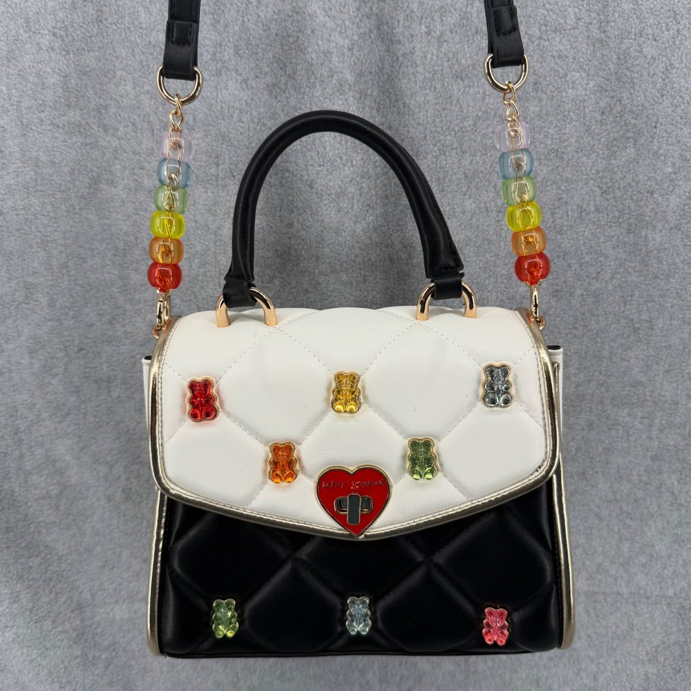 Betsey Johnson Gummy Bear Quilted Satchel Crossbody Bag Black White Rainbow Hear - Picture 3 of 13